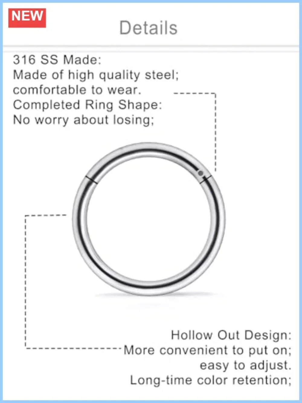10pc 20G Surgical Steel Hinged Clicker Nose Ring Hoop Septum Cartilage Earring